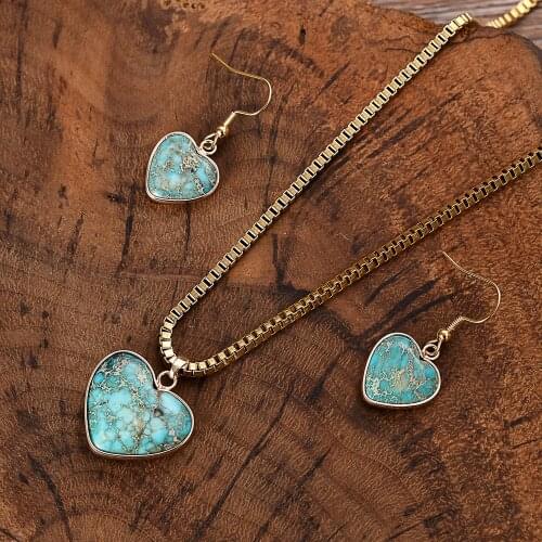 Blue Heart Necklace Earrings Set Women Link Stainless Steel Chain Jewelry