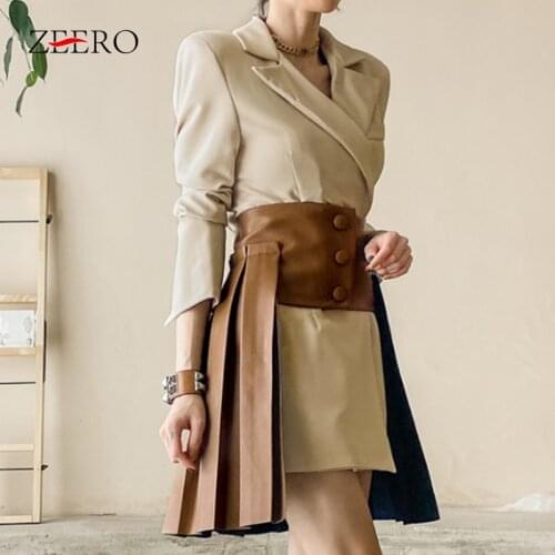 Korean Female Jacke A-Line Mini Dress + Single-breasted Removable Hollow Pleated Leather Skirt Women Long Sleeve Blazer Dresses