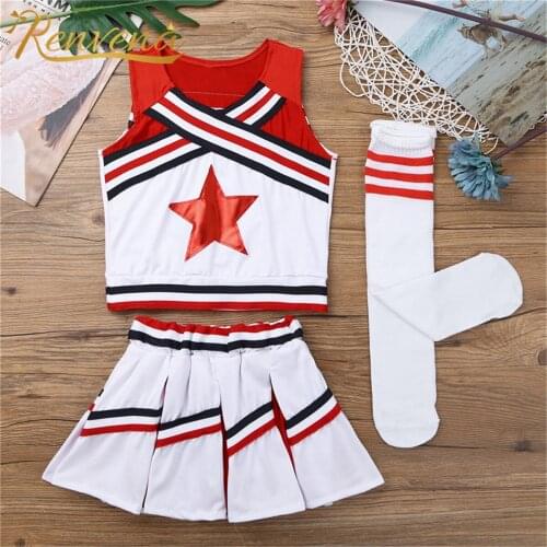 Girls Cheerleader Uniforms Costume Outfits Childrens Cosplay Cheerleading Dancewear Sleeveless Tops + Skirt Socks Kids Sweatsuit