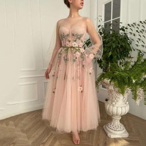 Pink Tea Length Prom Dresses 2021 Lace Bridesmaid Dress with Puff Long Sleeve A Line Boho Cheap Wedding Party Gowns for Teens