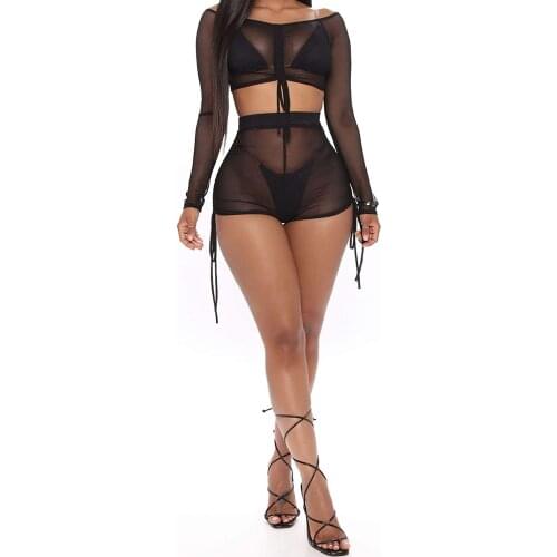 Summer New Women Sexy See-through Clothes Set, Black Long Sleeve Crop Tops and High Waist Shorts for Beach/ Seaside