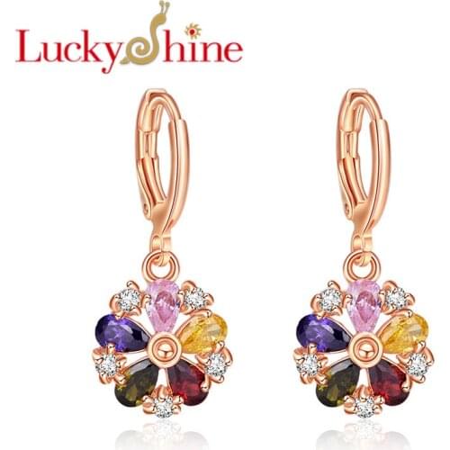 Luckyshine New Wedding Jewelry Rose Gold Multi-color Earring Luxury Cubic Zirconia For Women Dangle Earrings Jewelry