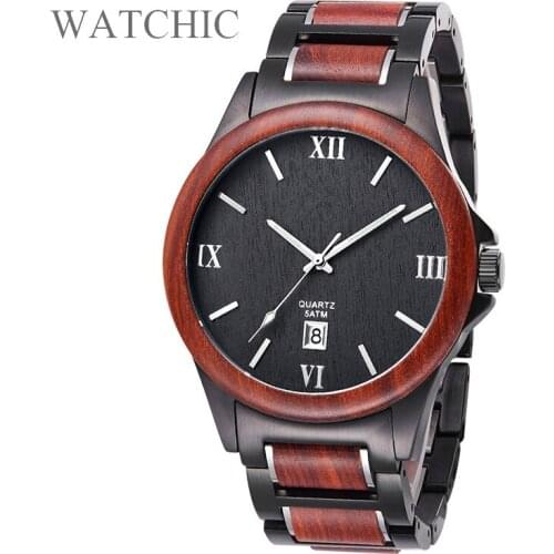Minimal Style Wood Steel Men Wood Watch Steel Wooden Gold color Wristwatch gift idea with Date for Men