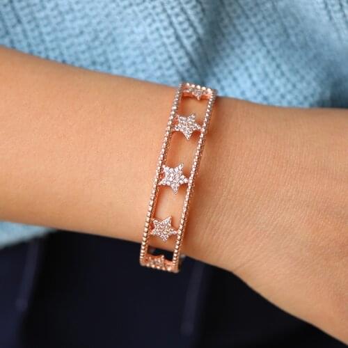 Fashion open bangle AAA cz paved hollow minimal star charm rose gold color plated adjustbale bangle for wedding jewelry gift