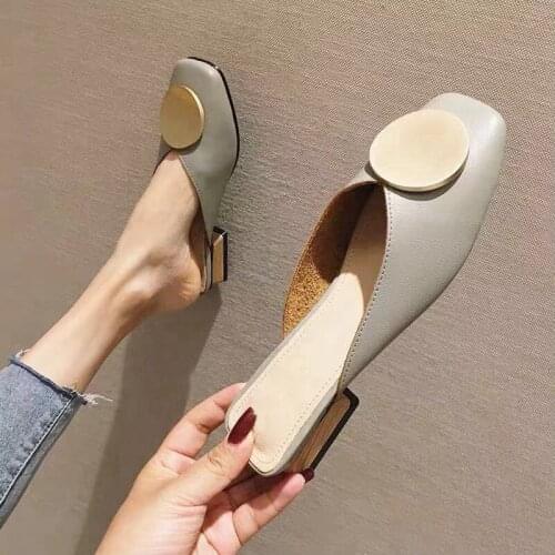 Women Slippers Slip On Mules Flat Heel Casual Shoes British Buckle Slides Wooden Block Heels Summer Footwear 2021 Brand Designer