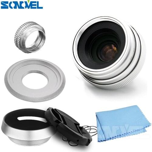 Camera Lens Silver 35mm F1.6 CCTV Lens C Mount Camera Lens + Lens Hood for Olympus Panasonic Micro 4/3 M4/3 Mount