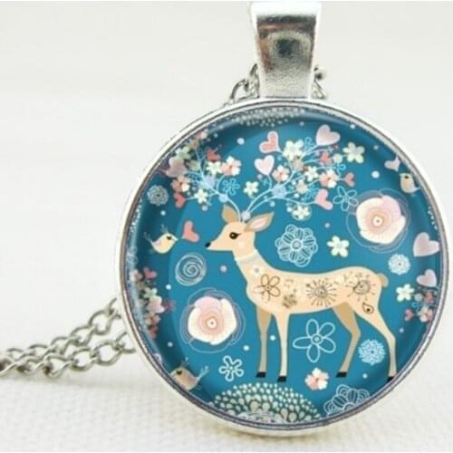 SUTEYI Hot Silver Color Necklace Christmas Deer Art Picture Glass Cabochon Pendant New Year Gift Necklaces Diy Children Jewelry