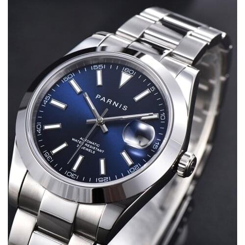 Parnis 39.5mm Blue Dial Mens Automatic Watch Luxury Mechanical Watch Calendar Date Function Wristwatch Men