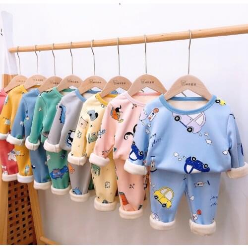 2-8Kids Pajamas Sets Baby Boys Girls Velvet Warm Long Sleeved Tshirt+Pant Cartoon Clothing Autumn Sleepwear Suit Pyjama Trousers