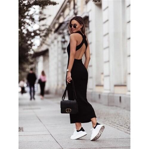 Summe Dress Women Robe Femme Solid Color Pencil Dresses Back Cross Sleeveless Backless Slim Hips Long Dress For Woman Vestido