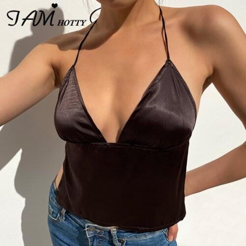 Casual Black Solid Halter Crop Top Women Deep V-neck Sexy Tie-up Bandage Party Summer Streetwear Fashion Camisole 90s Iamhotty