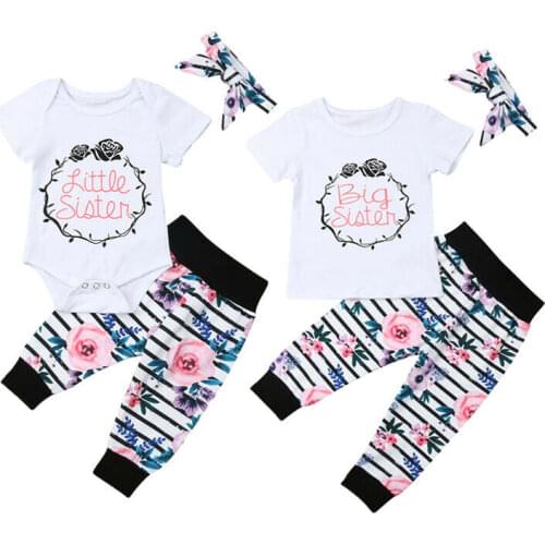 Family Matching Sister Kid Baby Girls Clothes Set Flower Tops Romper Pants Summer Short Sleeve Outfits Clothes