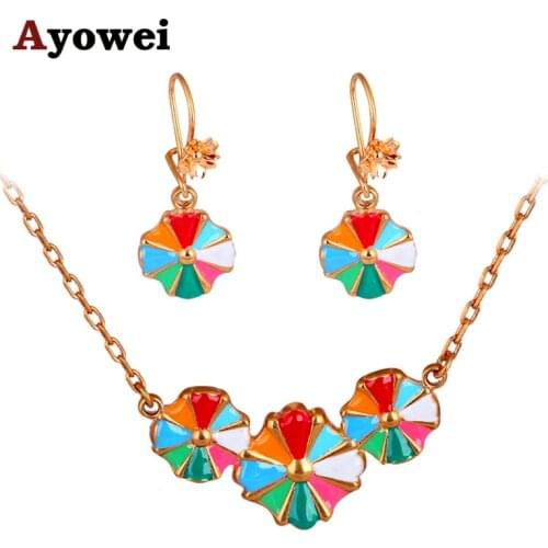 Bohemia Style Color Flower Gold tone Earring Necklace Set Golden SWA Element Crystal Health Nickel & Lead free JS604A