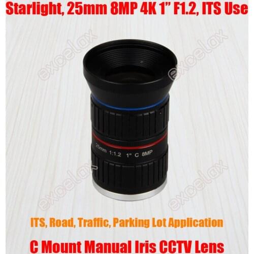 Starlight 8MP 4K 1" 25mm F1.2 Manual ITS Road Traffic Surveillance CCTV Lens C Mount for 5MP 6MP 8 Megapixel HD Box Body Camera