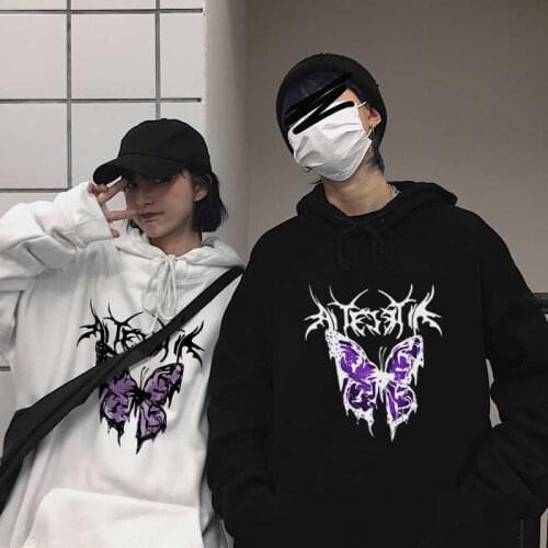 Gothic Punk Sweatshirts Man Women Warm Streetwear Dark Purple Butterfly Print Hoody Casual Simple Pullover Things For Couple Hot