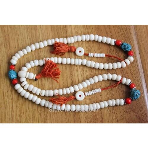 ML169 Tibetan 108 Beads White Yak Bone Rosary 8mm*6mm Nepal Bone Colorful Beads Spacer Prayer Beads Mala Necklace Bracelets
