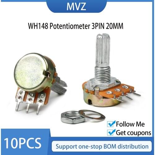 10pcs WH148 B1K B2K B5K B10K B20K B50K B100K B500K 3Pin 20mm Shaft Amplifier Dual Stereo Potentiometer 1K 2K 5K 10K 50K 100K
