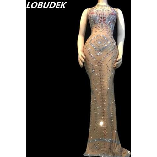 Evening Party Host Sexy Sleeveless Mesh Long Dress Birthday Celebration Rhinestones Dress Lady Singer Bar Concert Stage Costume