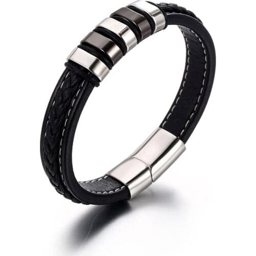 NANDESI Jewelry Leather Magnetic Buckle Stainless Steel Layer Bracelet With Best Gifts For Men And Women