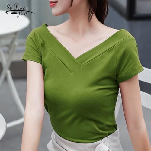 Summer T-shirt Women High Quality V-Neck Tee Tops Cotton Basic Plain Simple T Shirt for Women Short Sleeve Female Tops 10146