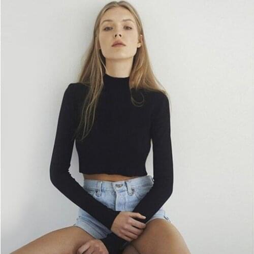 Women Slim Shirt Turtleneck Elastic Crop Tops Long Sleeve Short T-Shirt Female Autumn Tops And Tees Short Casual Black T-shirts