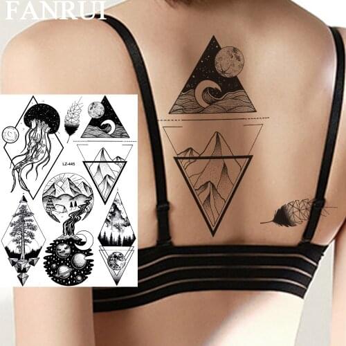 FANRUI Jellyfish Geometric Mountain Galaxy Star Temporary Tattoos For Women Sticker Fake Tattoo Triangle Tatoos Body Art Black