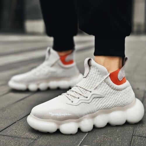 Plus Size Hightops Summer High-soled Sneakers Socks Man Running Shoes Sport Mens Sports Footwear Beige Knitted Tennis Gym B-858