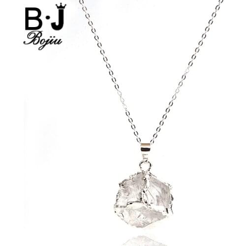 BOJIU Clear New Jewelry Natural Stone Pendant Necklaces Gold Silver Color Cable Chain Necklace For Women Top Gifts NKS111
