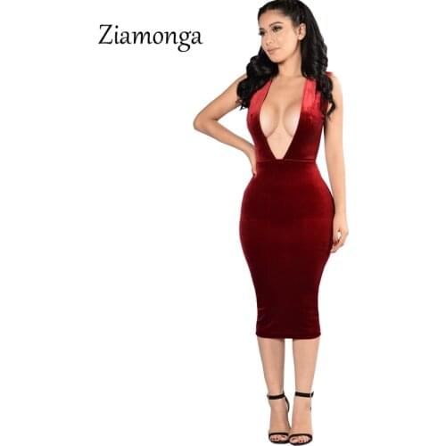 Ziamonga Women Sexy Bandage Dress 2017 Autumn Deep V Knee Length Midi Velvet Dress Women Night Club Party Sexy Dress Plus Size