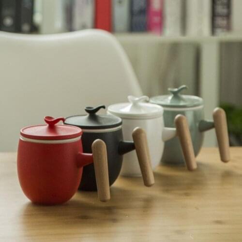 300ml Black Zen Ceramic Tea Cup with Wood Handgrip Tea Milk Coffee Mug Office Master Cups with Filter Drinkware Gift Box Package