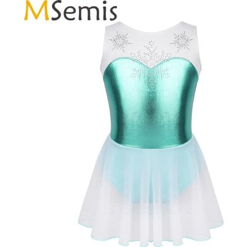 Girls ballet Dance wear Costume Sleeveless Shiny Rhinestone Snowflake Metallic Bodice Gymnastics Leotard ballerina Dress Kids