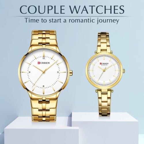 CURREN Lover’s Watches for Men and Women Fashion Dress Quartz Wristwatch Waterproof Date Clock Couple Watch Gifts Set for Sale
