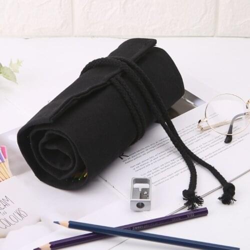 Black Color School Pencil Case Roller 12/24/36/48/72 Holes Canvas Roll Up Makeup Canvas Pen Bag For Girls Boys Stationery