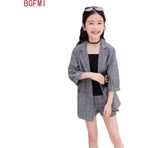 3PCS Girls Suits Kids Blazer Jacket + Vest + Shorts Outfits Children Tuxedos Suit For Girls Blazer Wedding Party Pink Grey Colo