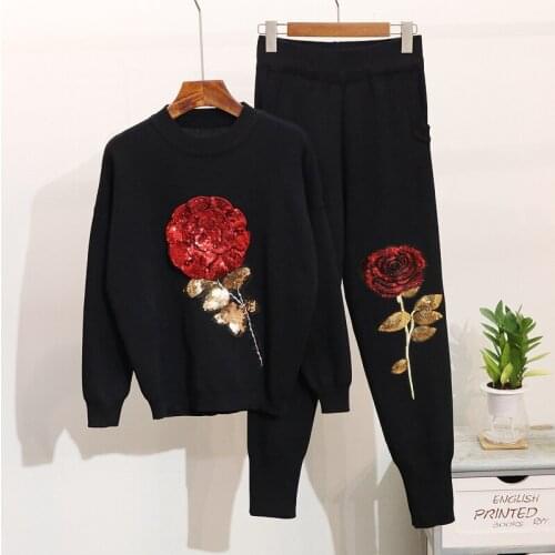 Tracksuit Knitted Set Women Autumn Winter Sequin Flower Long sleeve Sweater Pencil Pants Female Loose Knit Black Two Piece Set