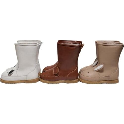 In Stock 2021 New Handmade Boy Girl Leather Shoes Autumn and Winter Leather Warm Animal Cartoon Long Hair Anti-ski Boots