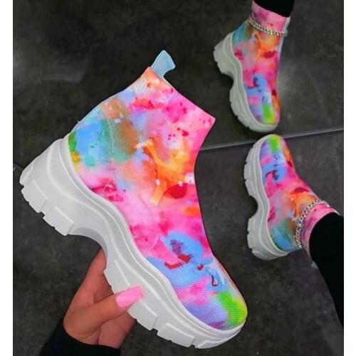 New Women Boots Tie-dye High Top Women Casual Sneakers Breathable Stretch Colorful Womens thick Bottom Sports Running Shoes