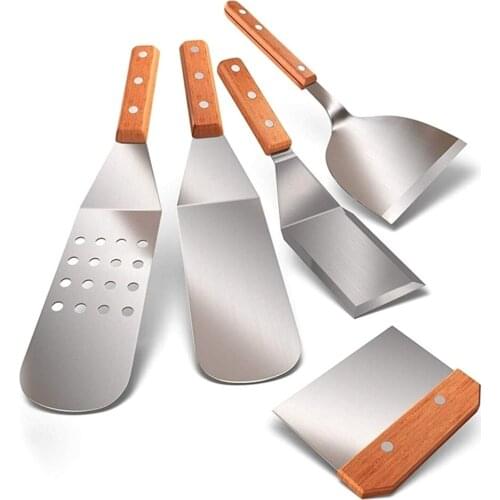 Griddle Accessory Tool Stainless Steel Metal Shovel with Wooden Handle for Barbecue Trays Dough Scraper Baking Tray Scraper