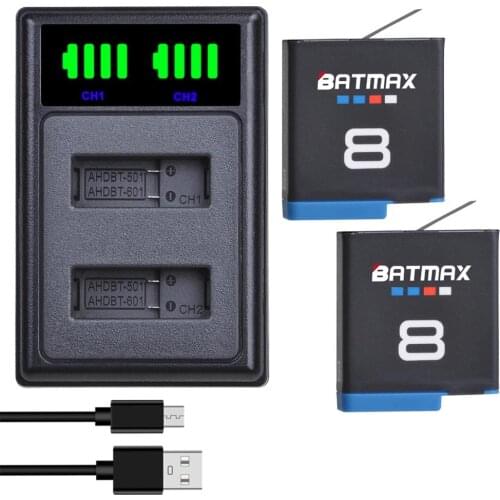 Batmax For go pro hero 8 Gopro 8 Li-ion battery +LED USB Dual Charger with Type C port for Gopro hero 8 Action Camera