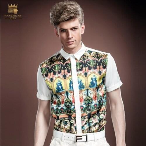 Free Shipping Fanzhuan New male fashion Mens Mens Palace summer white square collar short-sleeved pattern printed shirt 14324