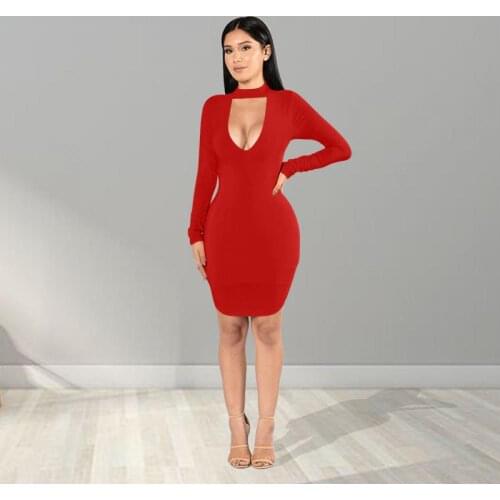 2021 Summer New Style V-Neck Long-Sleeved Dress European and American Sexy Slim Side Slit Skirt