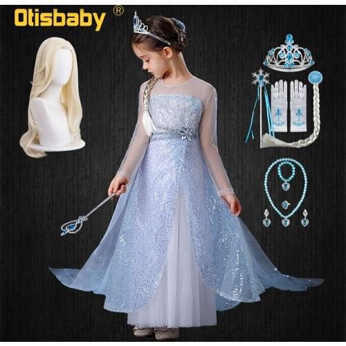 Elsa Dress for Girls Child White Sequins Elegant Dresses with Long Tail Toddler Summer Halloween Fancy Fairy Princess Costume