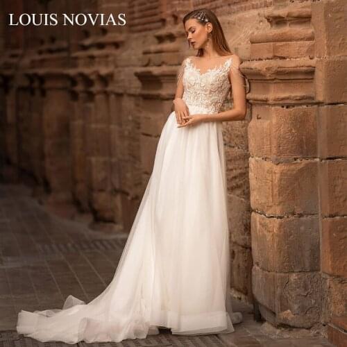 A-line Wedding Dress 2020 V-Neck Beaded LOUIS NOVIAS Elegant Backless 3D Dream Button Lace Beach Bridal Dress Vestido De Noiva