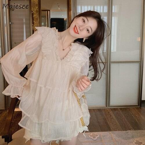 Shirts Women Solid Apricot V-neck Ruffles Sweet Lovely Girls Vintage Design Korean Style Students Party High Street Stylish Tops