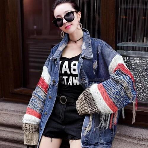 Stitching Bat Sleeve Mid-Length Denim Jacket Woman 2021 Spring Autumn Korean Fashion Loose Fried Street Casual Jeans Coat Female