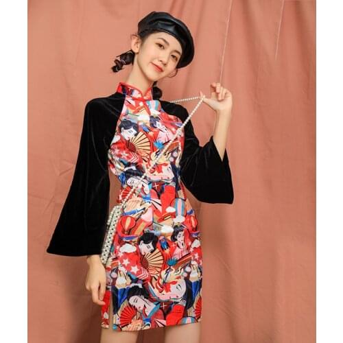 Modern Chinese Dress Qipao Velvet Flare Sleeve Cheongsam Dress Japanese Print Asian Clothes Sexy Oriental Dress FF2475