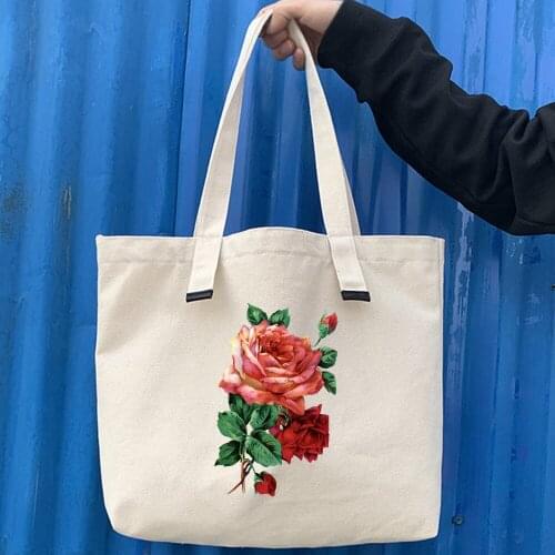 Flower Bag Aesthetic Print Tote Bag Shopping Original Beige and Black Women Fashion Travel Canvas Bags Eco Foldable Gift Shopper