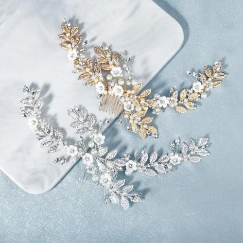 Bridal Jewelry Pearl Crystal Headband Metal Leaf Hand-Inserted Comb Soft Pottery Flower Plate Hair Comb