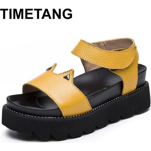 TIMETANG2019 Summer New Womens Genuine Leather Sandals Gladiator Sandals Platform Buckle Ears Cute Cat Casual Zapatillas Mujer