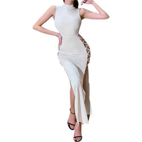 2021 New Women Summer Long Skirt, Solid Color Mock Neck Sleeveless Hollow Slit Dress with Cross Straps for Ladies, White/Black